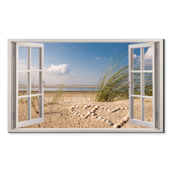 Heart Shape Seashells Beach Seascape Window View Window Frame Style Modern Design Home Decor Print Wall Art Picture Ready To Hang