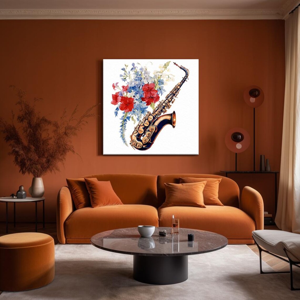 Saxophone Watercolor Blue Red Floral Jazz Music Instrument Art Poster - Image 4