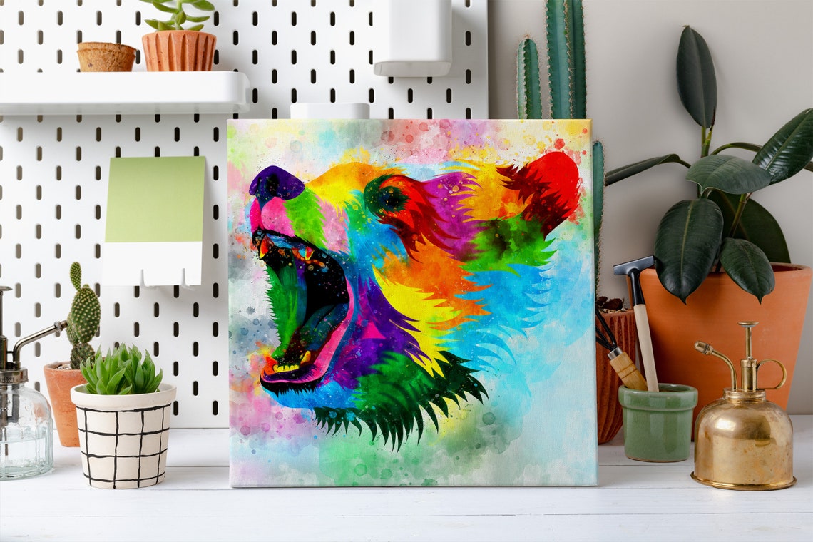 Colourful Roaring Bear Head Abstract Rainbow Watercolour Art Poster - Image 2