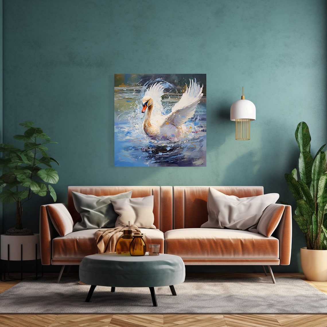 White Swan Wings Spread Splashing Water Dynamic Impressionist Poster - Image 4