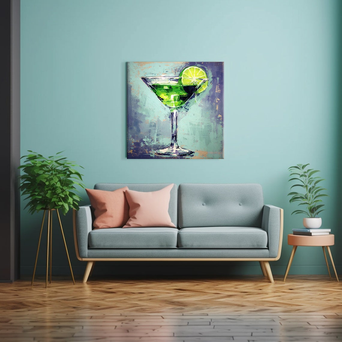 Green Lime Martini Glass Turquoise Textured Modern Bar Art Poster - Image 2