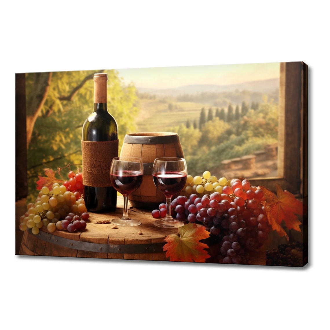 Vintage Red Wine Bottle Glasses Grapes Autumn Barrel Vineyard Print