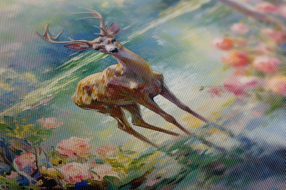 Graceful Deer With Antlers In Forest Pond Pink Roses Painting Print - Image 4