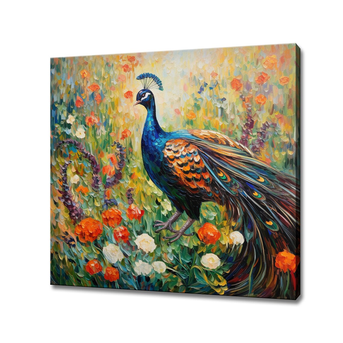 Majestic Peacock in Colorful Flower Garden Impasto Oil Painting Poster