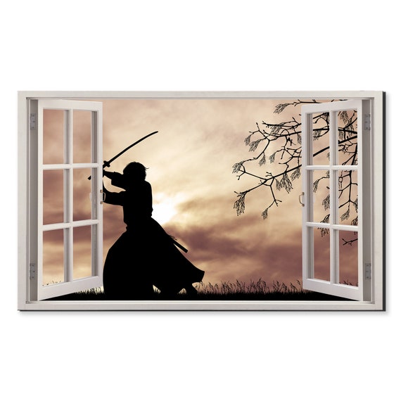 Samurai Warrior With Sword At Sunset Window View Window Frame Style Modern Design Home Decor Print Wall Art Picture Ready To Hang