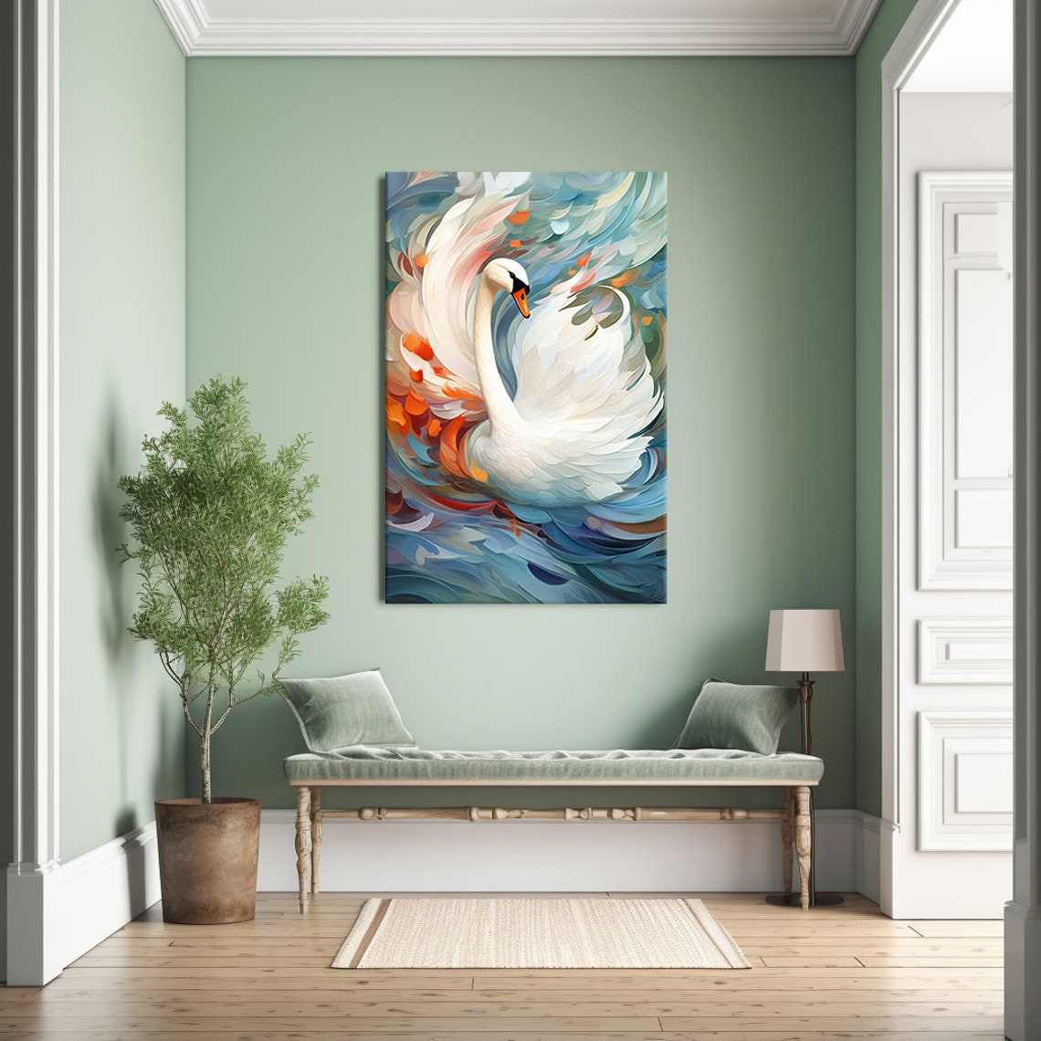 White Swan Wings Raised Painterly Swirls Blue Orange Bird Art Print - Image 3