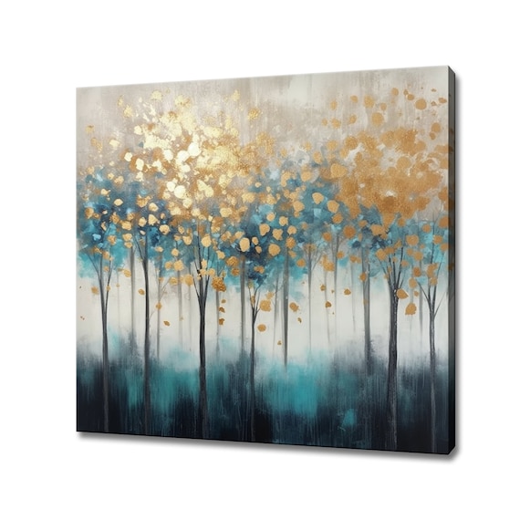 Abstract Golden Teal Forest Trees Oil Painting Style Print Modern Wall Art Print Nature Picture Wall Hanging Landscape Wall Decor