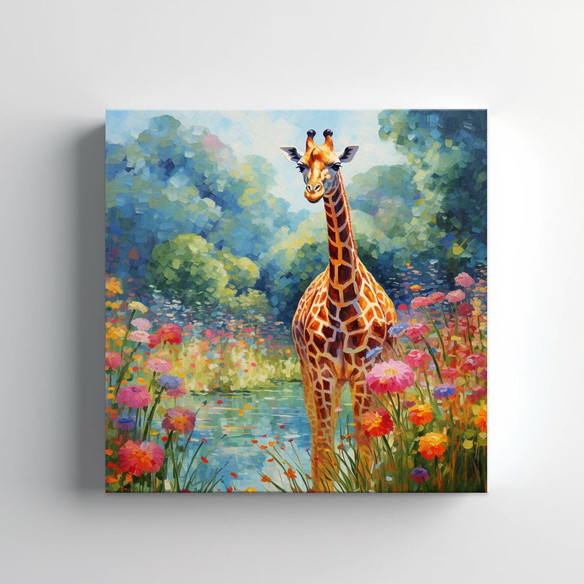Giraffe By A Pond In A Colorful Flower Garden Painting Poster - Image 3