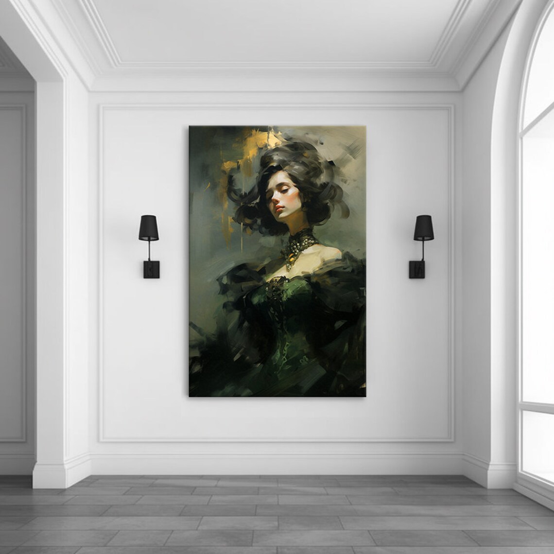 Elegant Lady in Emerald Gold Victorian Gown Vintage Beauty Art Poster - Image 2