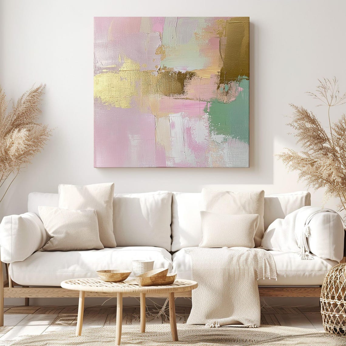 Abstract Pastel Brush Strokes Pink Gold Green Modern Art Print - Image 3