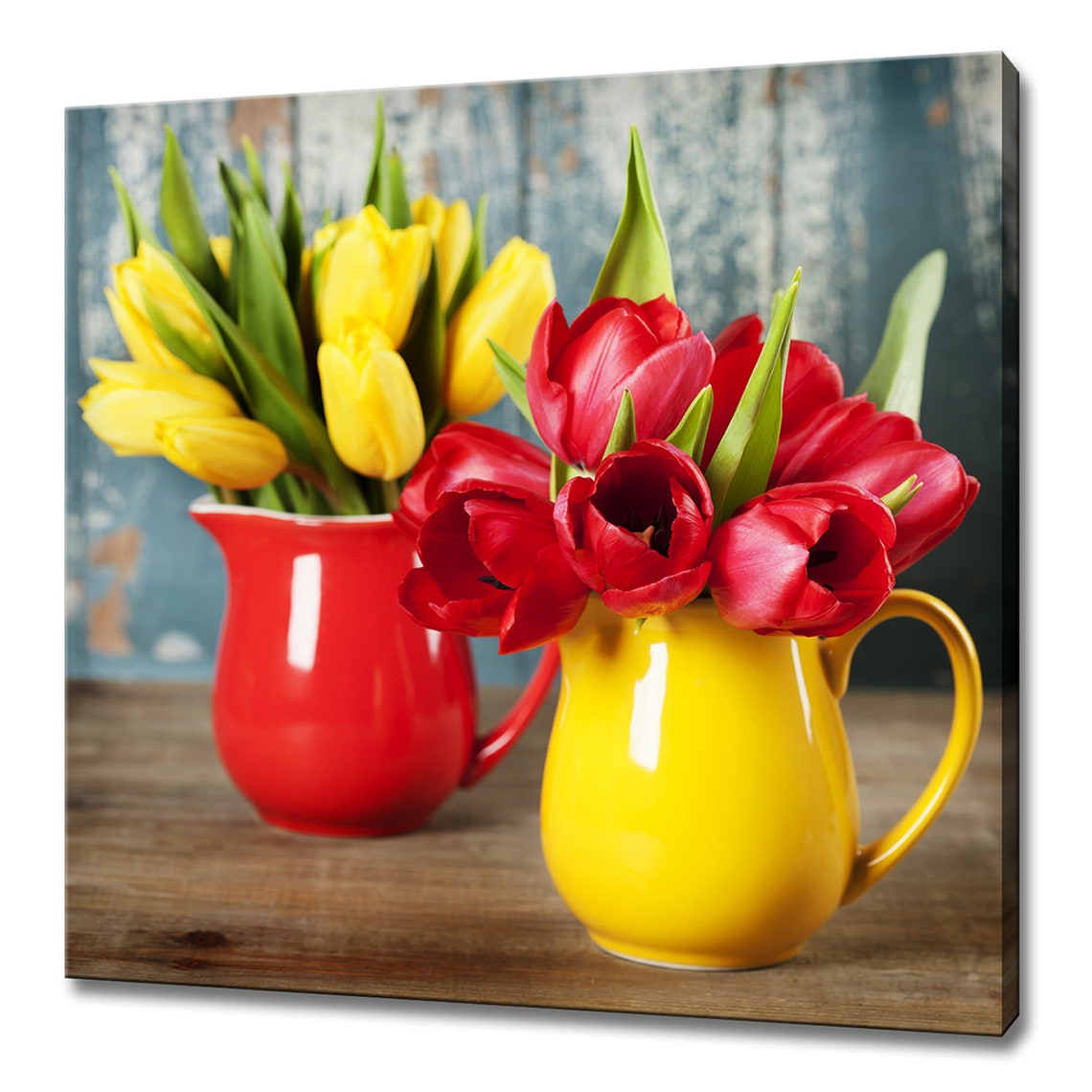 Red Yellow Tulips Pitchers Spring Flowers Rustic Kitchen Wall Poster
