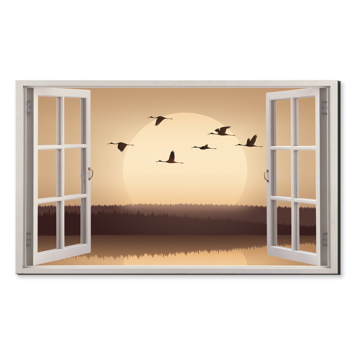 Cranes Flying Sunset Open Window View Sepia Silhouette Lake Poster