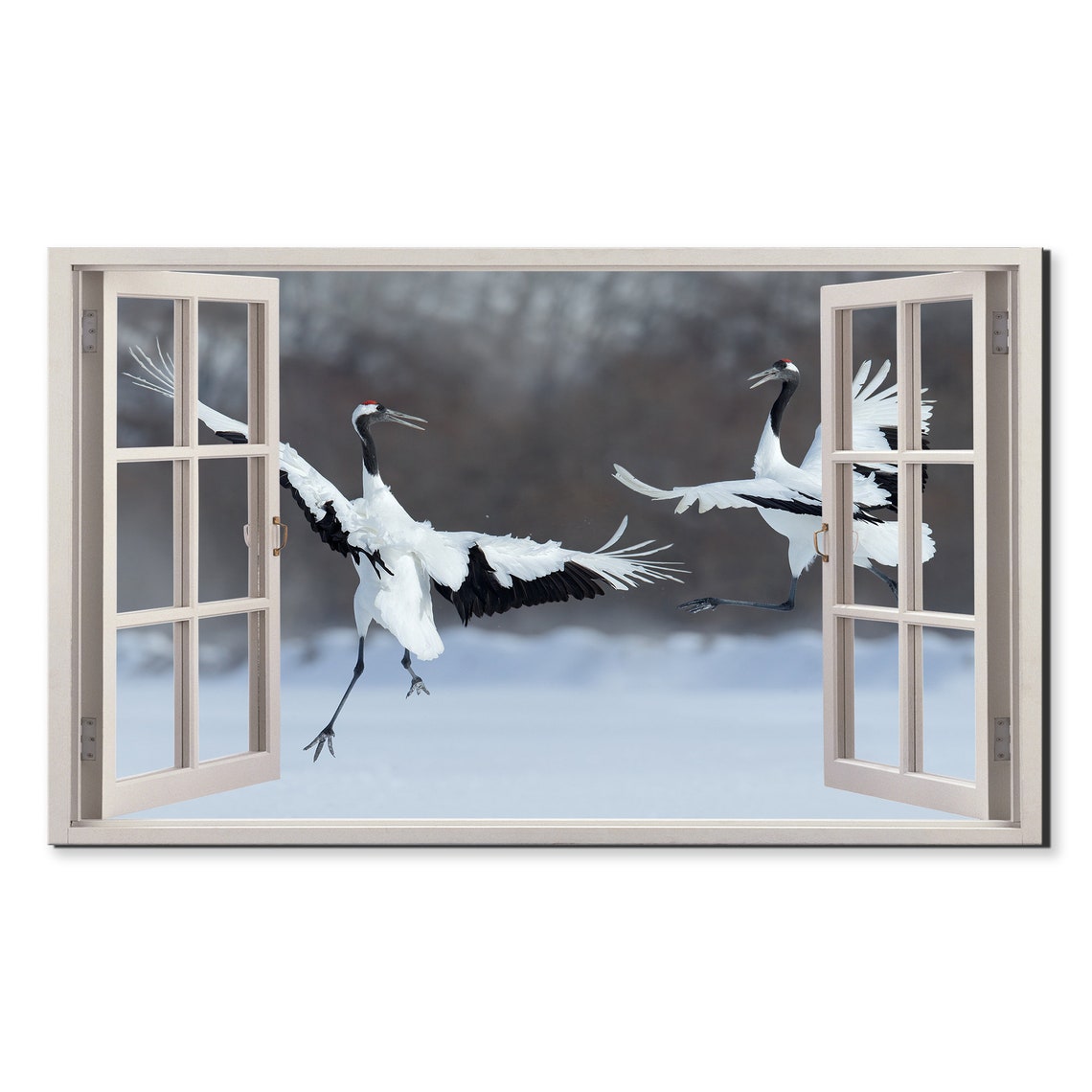 Red Crowned Cranes Dancing Snow Winter Wildlife Window View Poster