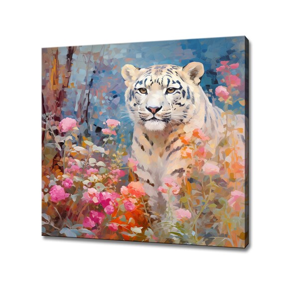 Snow Leopard Portrait Among Spring Blossoms Colorful Wildlife Poster