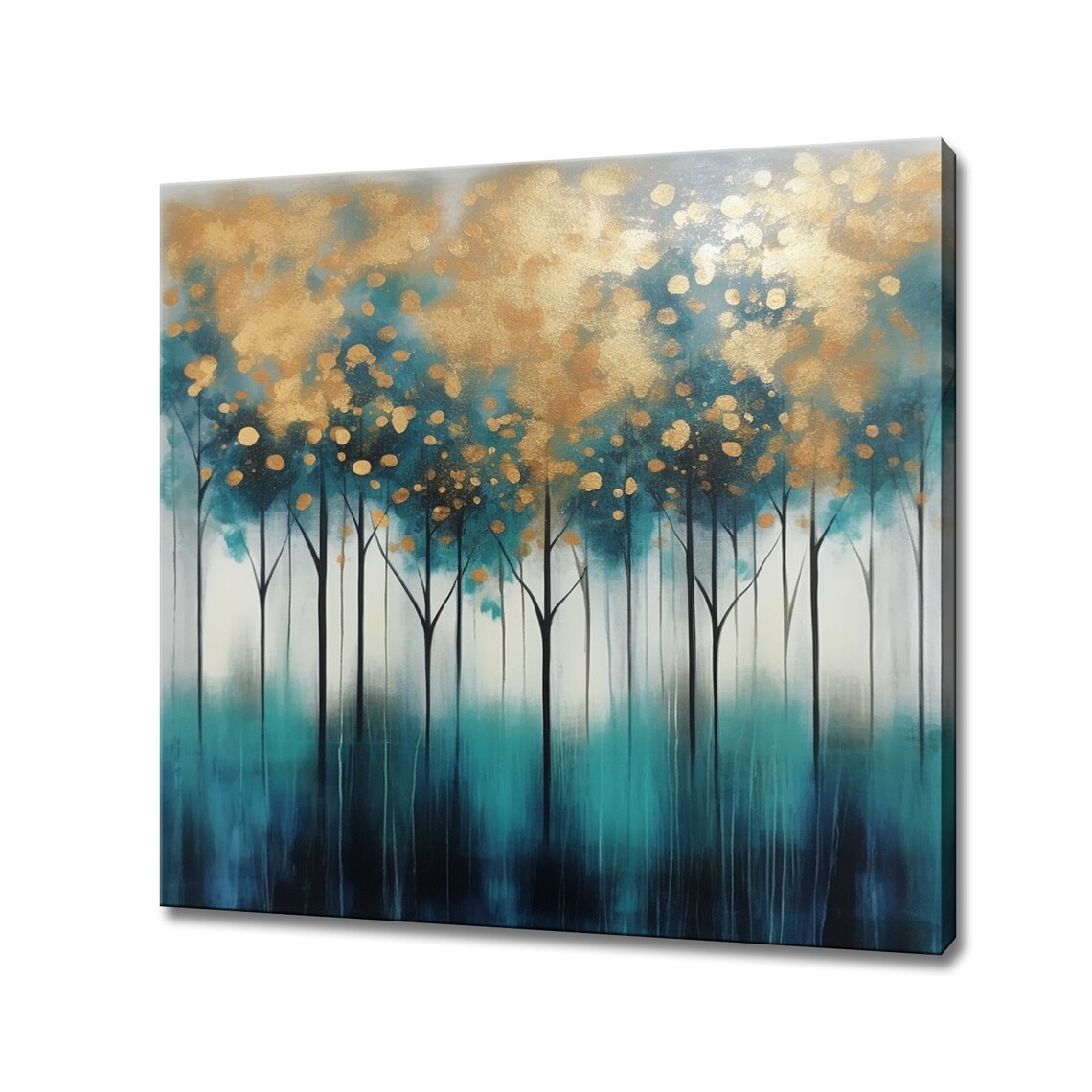 Abstract Teal Gold Forest Trees Landscape Art Print