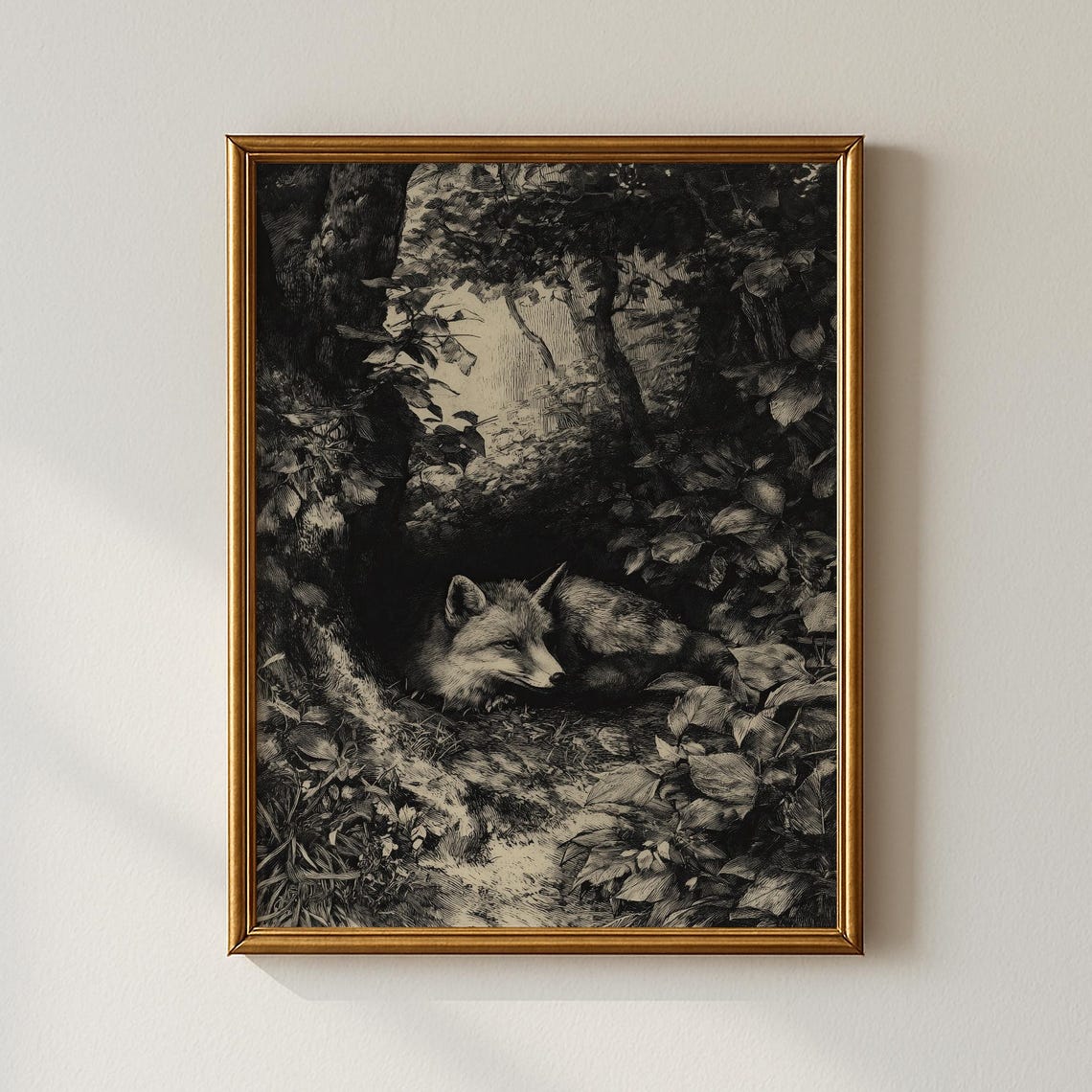 Sleeping Fox in Woodland Black and White Vintage Etching Art Print