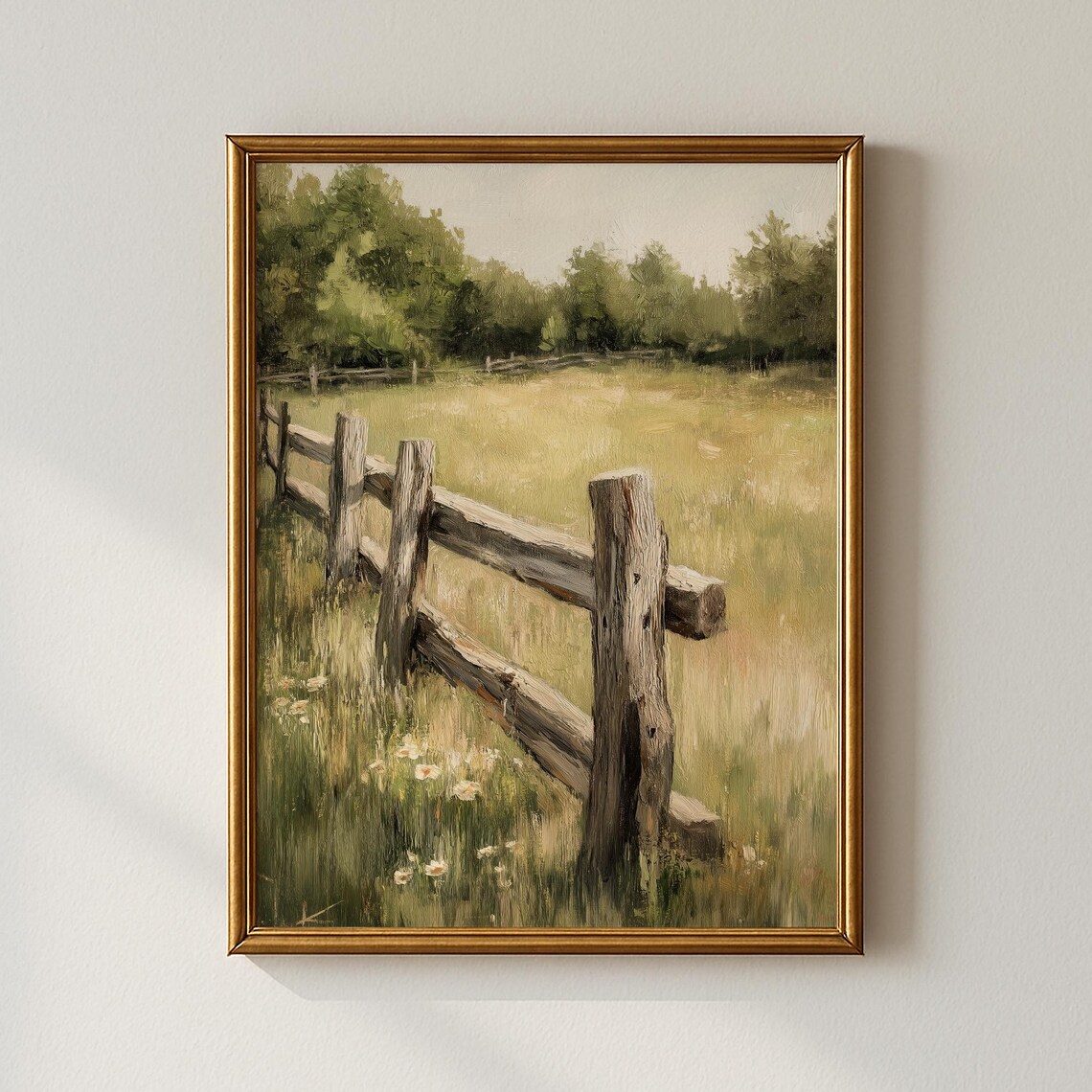 Rustic Meadow Fence Wildflowers Vintage Landscape Art Poster