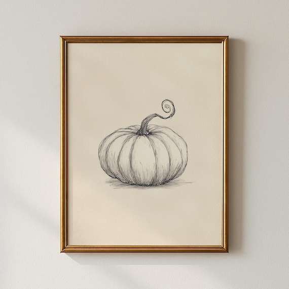 Pumpkin Pencil Sketch Minimalist Fall Botanical Harvest Art Poster
