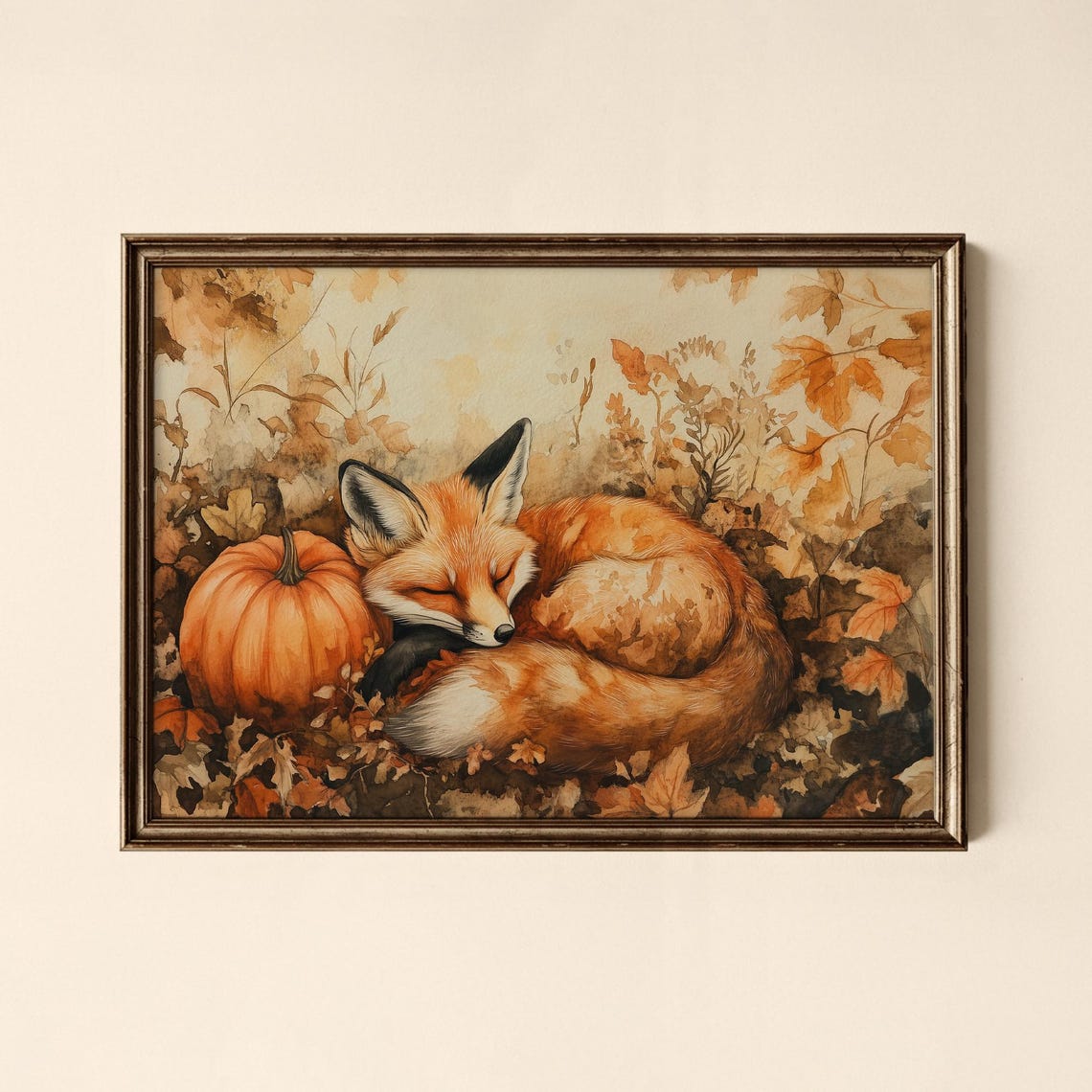 Sleeping Red Fox Pumpkin Autumn Leaves Cozy Watercolor Poster