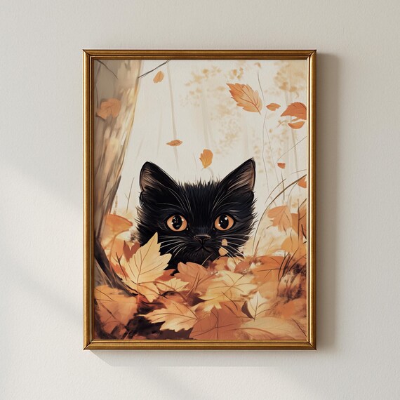 Black Kitten with Amber Eyes in Autumn Leaves Watercolor Print
