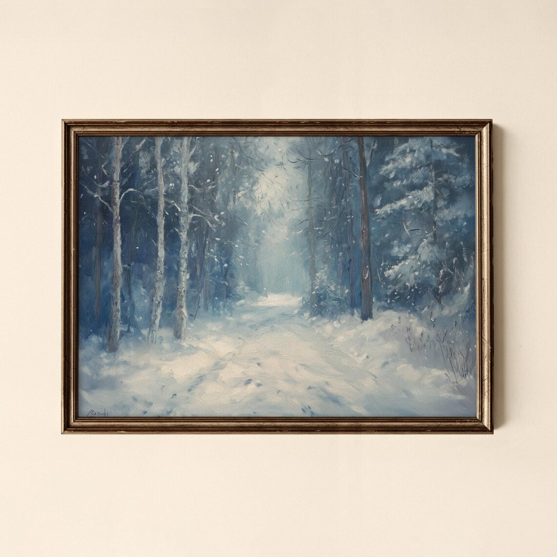 Snowy Birch Forest Winter Landscape Painting Vintage Style Poster