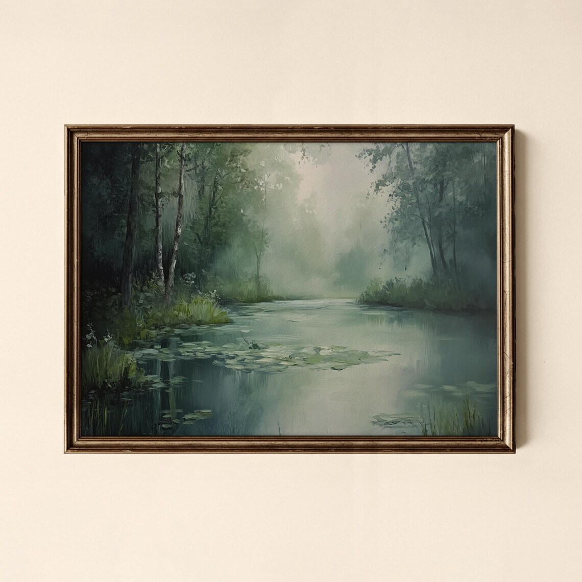 Misty Woodland Lake Vintage Oil Painting Serene Forest Landscape Print
