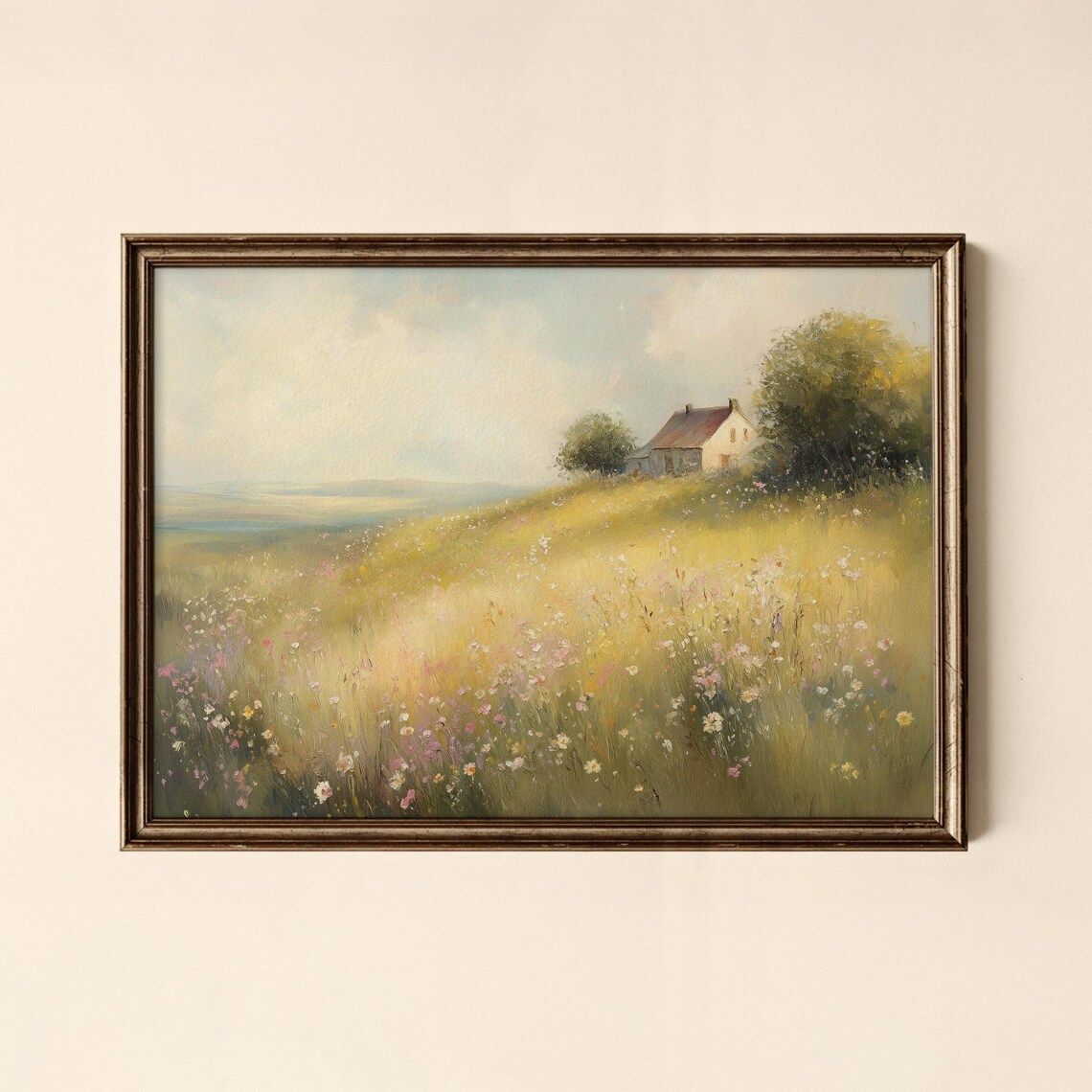 Sunlit Wildflower Meadow Hill With Cottage Landscape Painting Poster