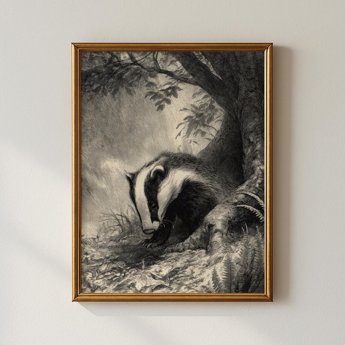 Vintage Badger in Woodland Etching Wildlife Nature Scene Art Poster