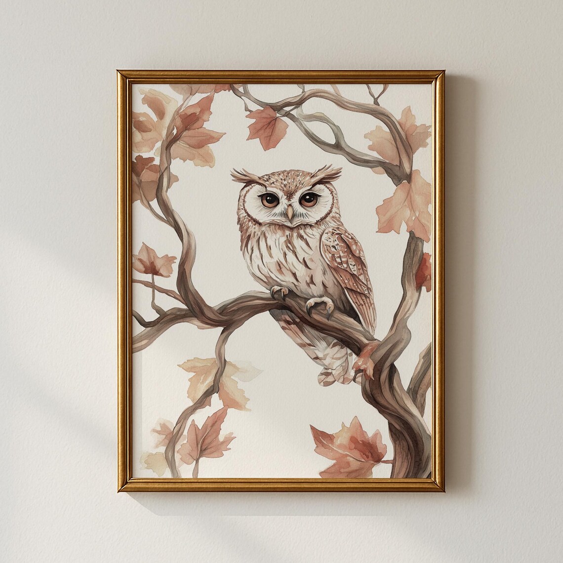 Autumn Owl Perched on a Branch Watercolor Fall Woodland Scene Print
