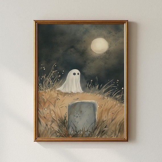 Watercolor Ghost Under Full Moon With Tombstone Night Meadow Art Print