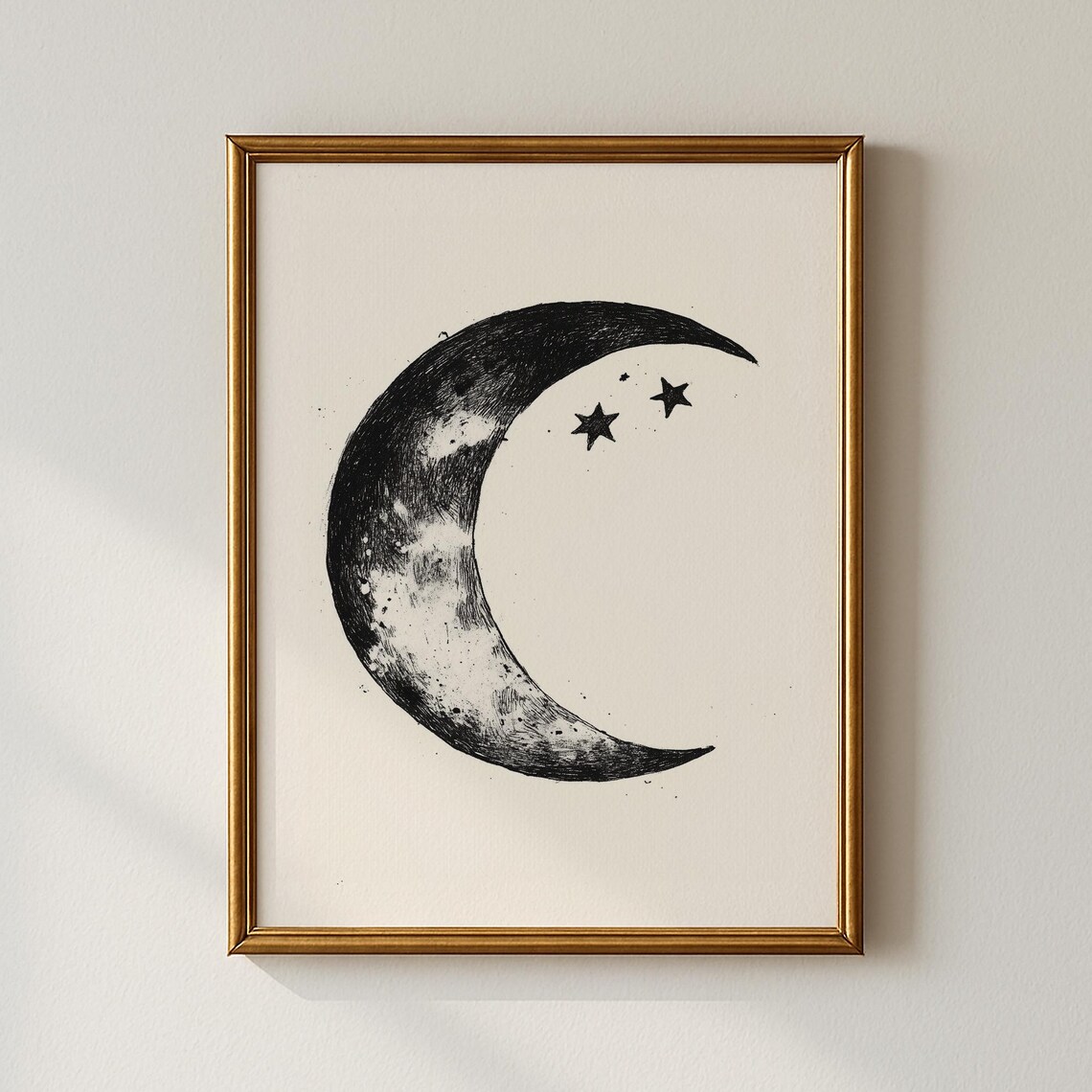 Crescent Moon and Stars Black Ink Sketch Minimalist Art Poster