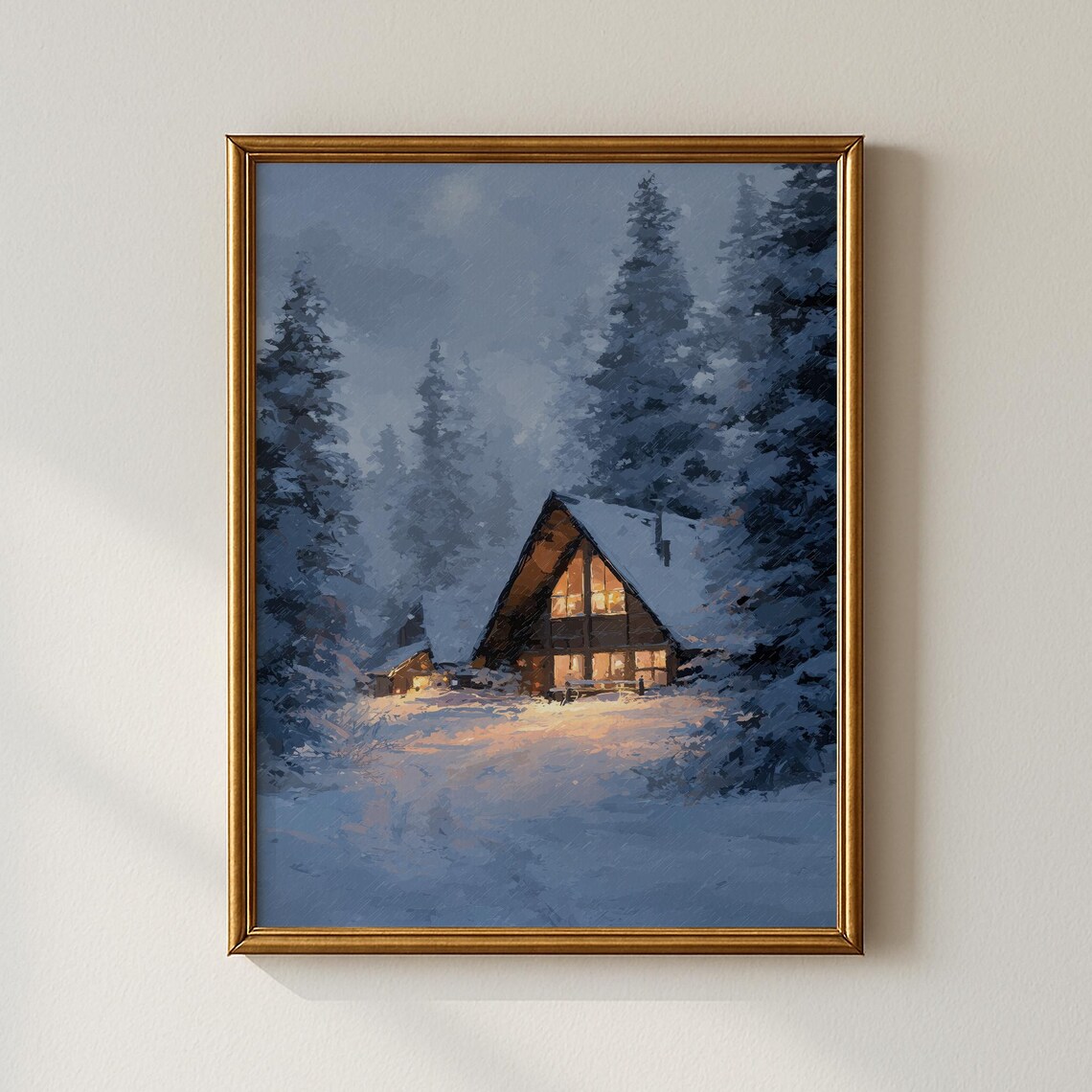 Glowing Cabin in Snowy Pines Winter Night Cozy Landscape Poster