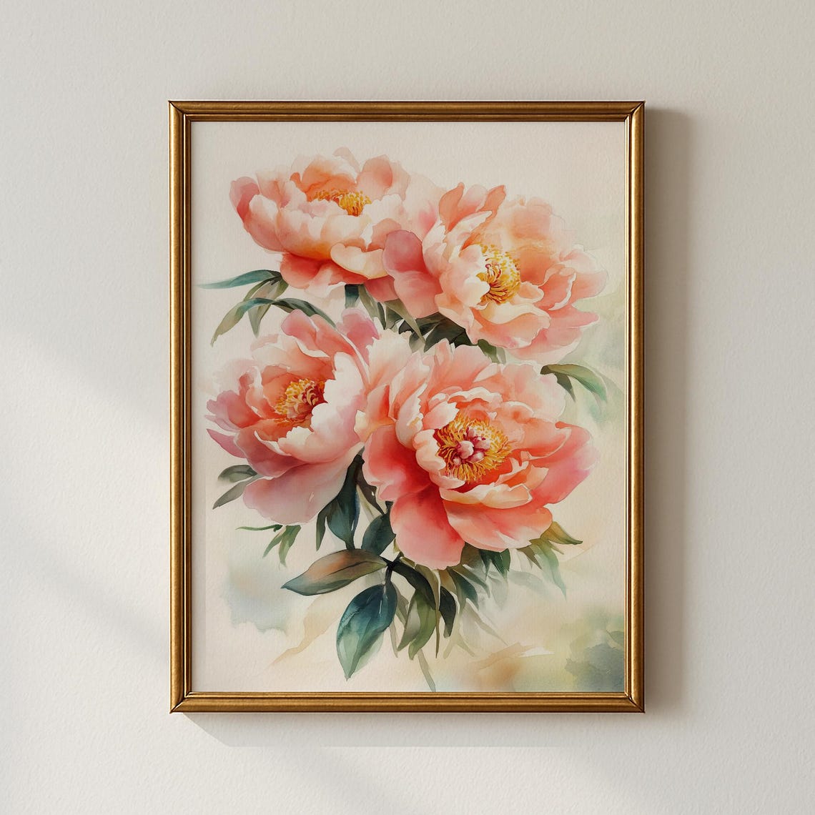 Coral Pink Peony Watercolor Floral Blossom Soft Romantic Wall Art