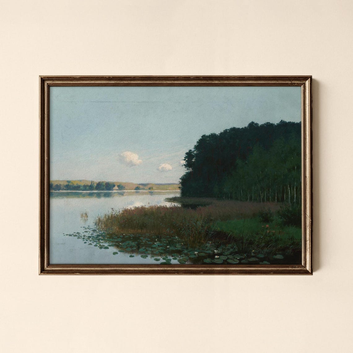 Vintage Lakeside View Water Lilies Quiet Forest Lake Art Poster