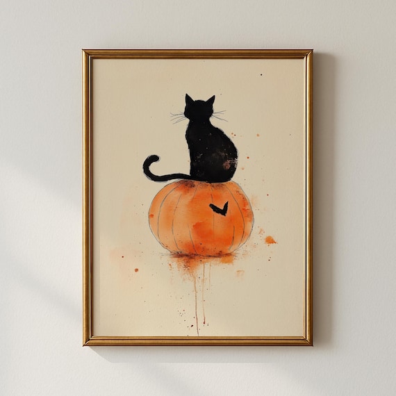 Black Cat Sitting on an Orange Pumpkin Halloween Watercolor Poster