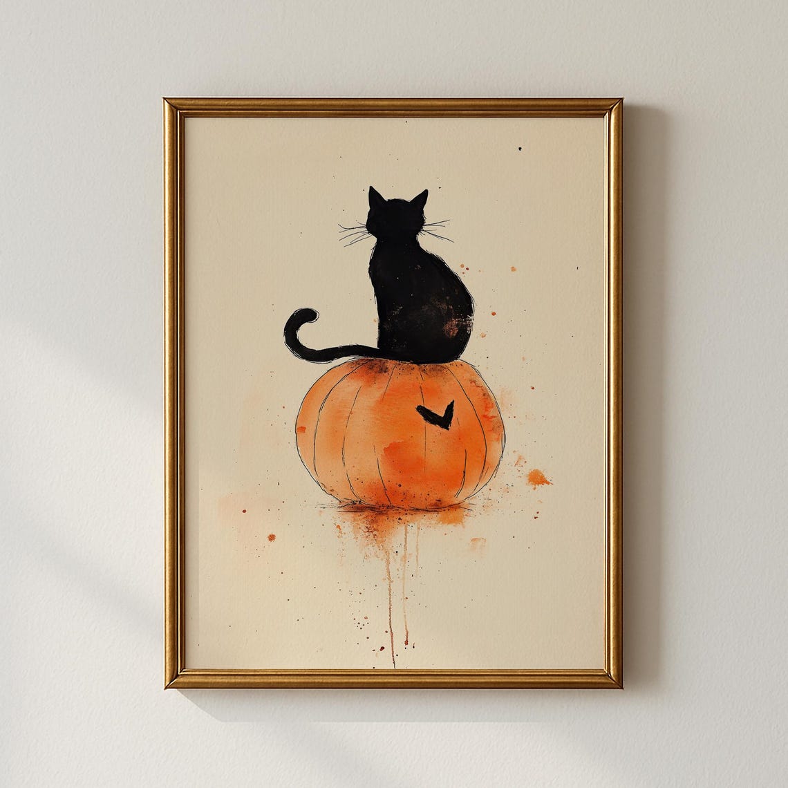 Black Cat Sitting on an Orange Pumpkin Halloween Watercolor Poster