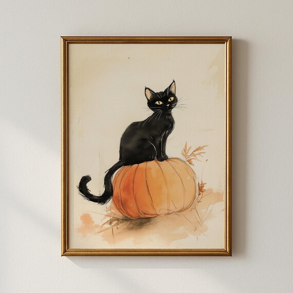 Halloween Black Cat And Pumpkin Print Holiday Wall Art Living Room Decor Collected Prints Cpp597