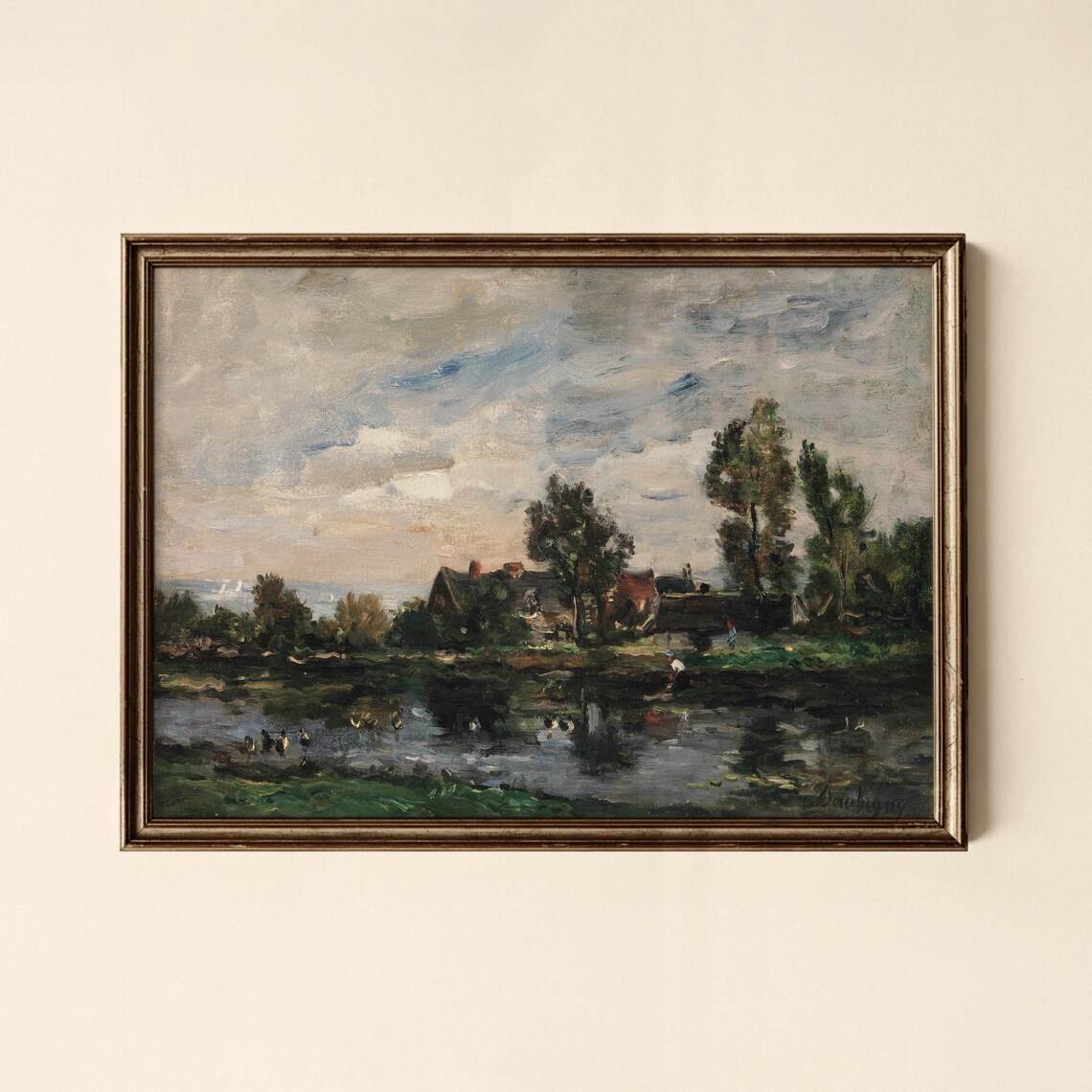 Vintage Cottage by a Calm River With Waterfowl Pastoral Art Print