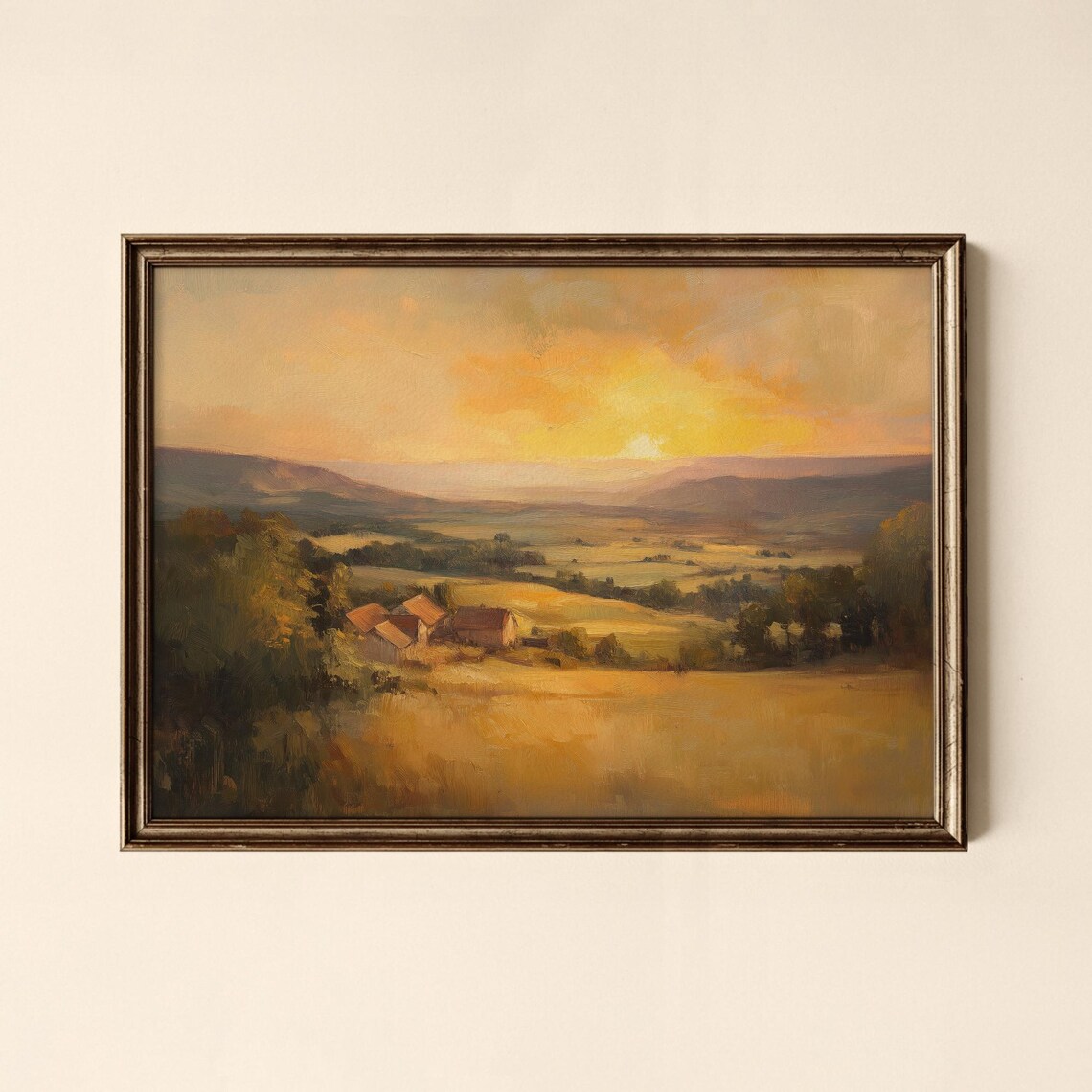Golden Sunset Valley Farmhouse Vintage Oil Painting Landscape Poster