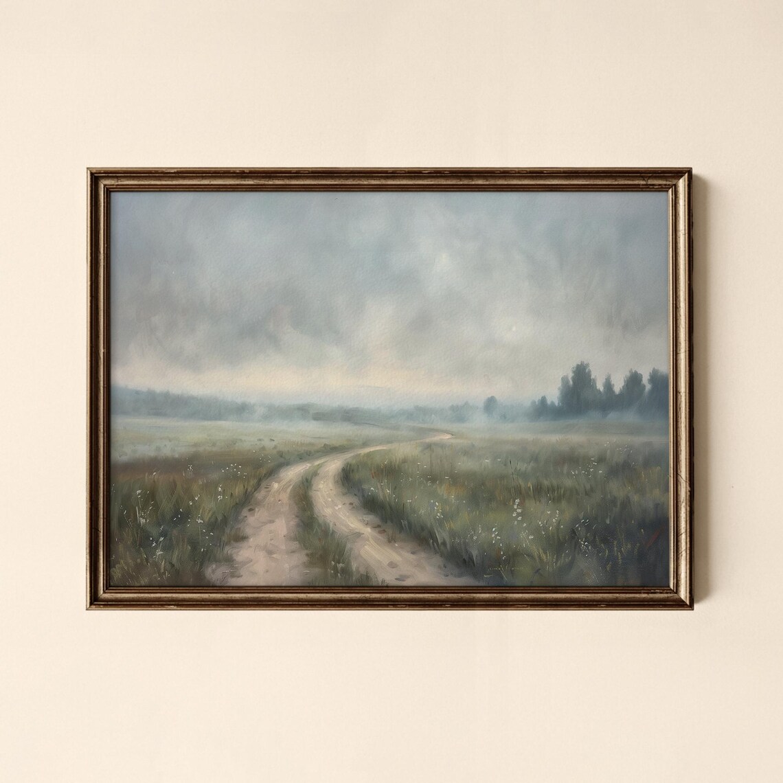 Winding Country Road Through Green Meadow Impressionist Print