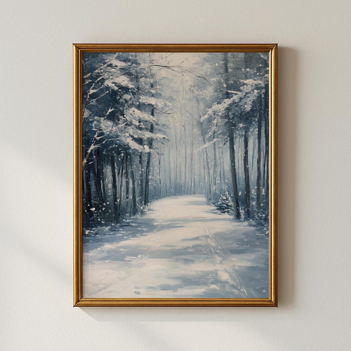 Snowy Winter Forest Path Blue Monochrome Vintage Landscape Art Poster