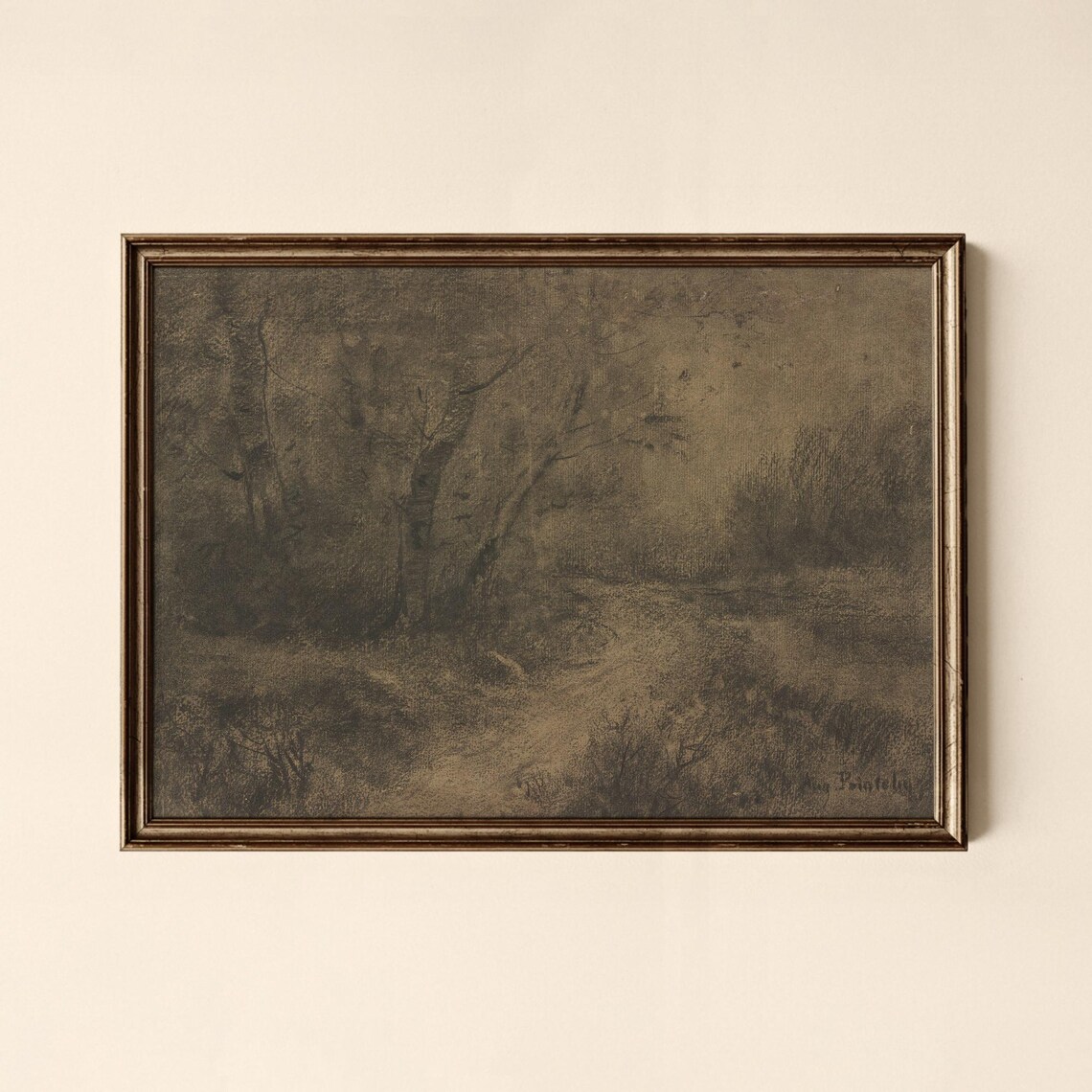 Moody Vintage Forest Trail Oil Painting Dark Woodland Wall Art