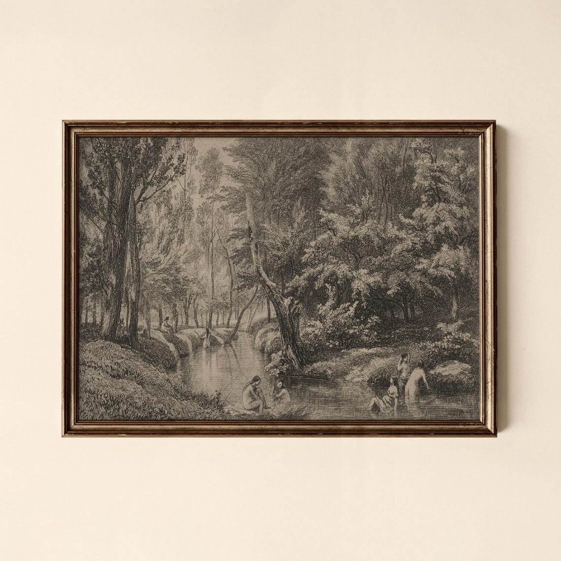 Vintage Riverside Forest Etching With Bathing Figures Poster