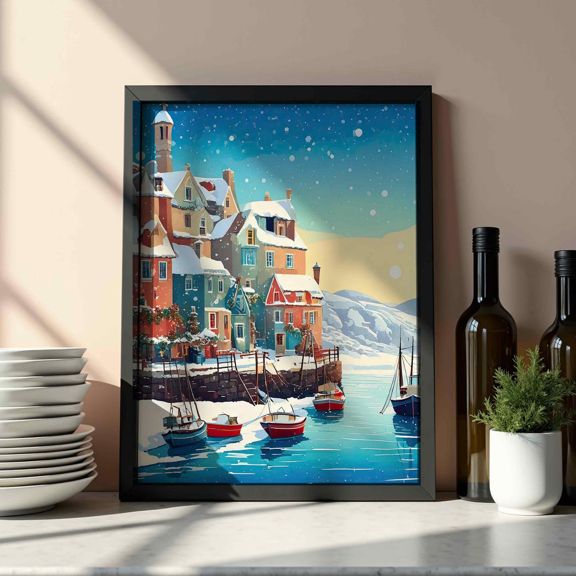 Charming Snowy Christmas Coastal Harbor Town Boats Winter Poster