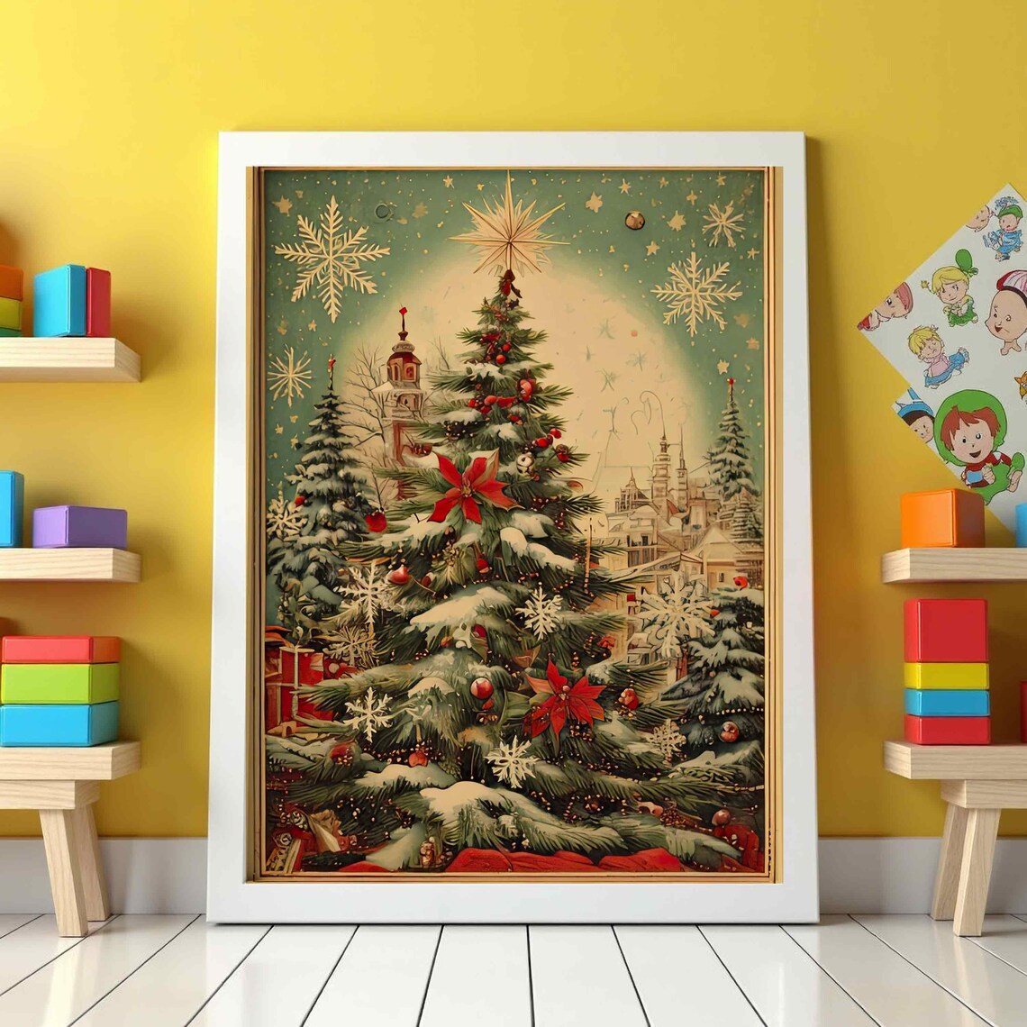 Vintage Christmas Tree Poinsettia Snowflakes Winter Holiday Poster