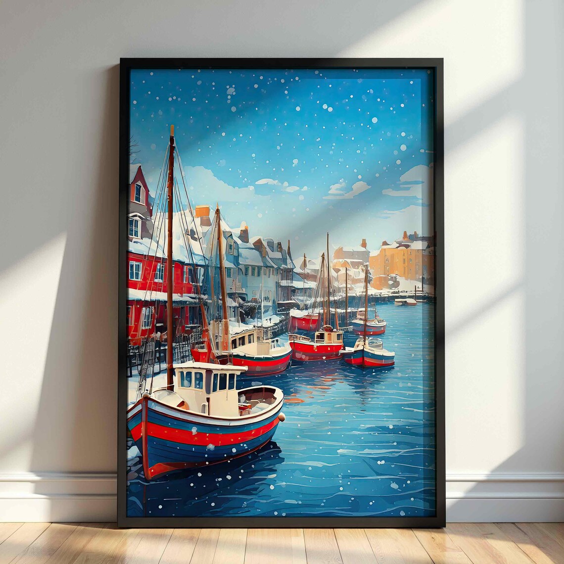 Snowy Winter Harbor Fishing Village Boats Christmas Holiday Poster