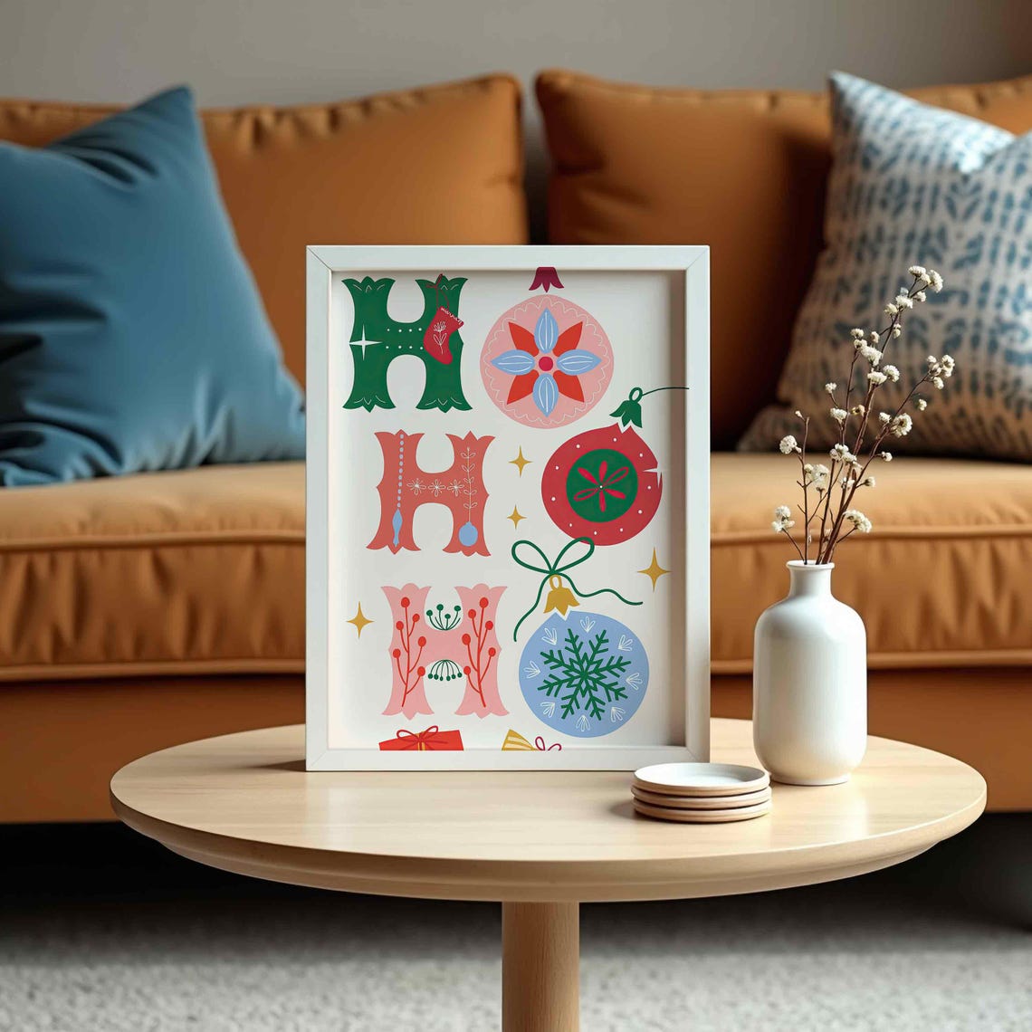 Ho Ho Ho Retro Christmas Typography Ornaments Letter Poster Art