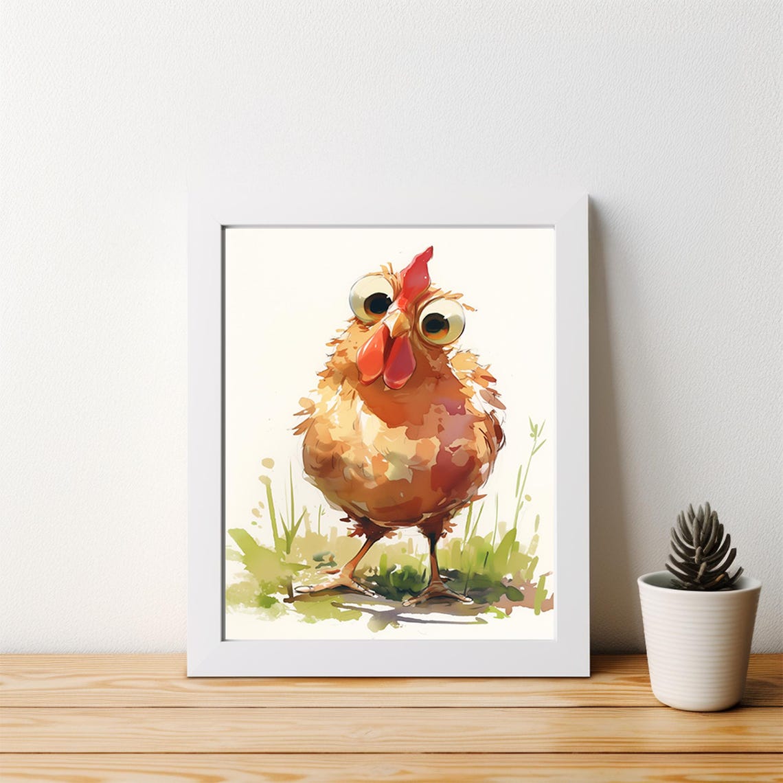 Whimsical Big Eyed Chicken Watercolor Farmhouse Kitchen Poster - Image 4