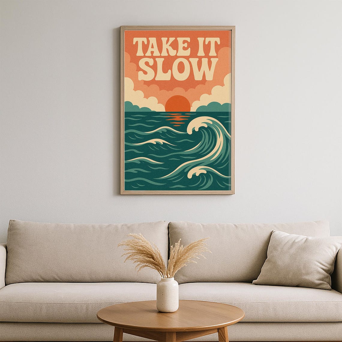 Take It Slow Retro Ocean Sunset Waves Beach Coastal Quote Poster - Image 2