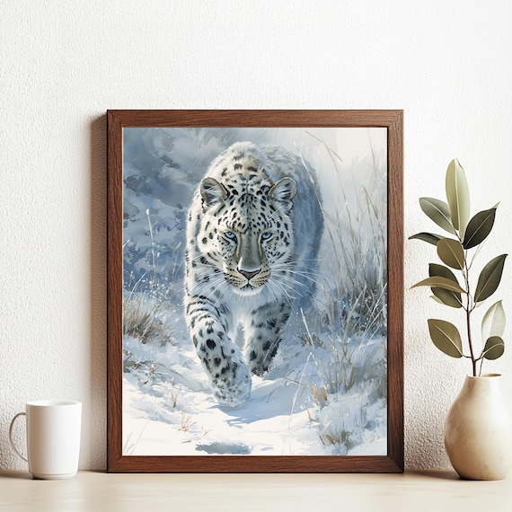 Snow Leopard Prowling in Snow Winter Wildlife Big Cat Artistic Art Poster